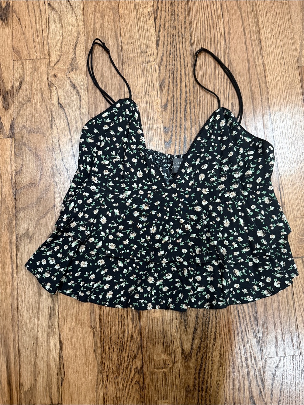 Dress Forum Black Floral Ruffle Hem Cropped Camisole